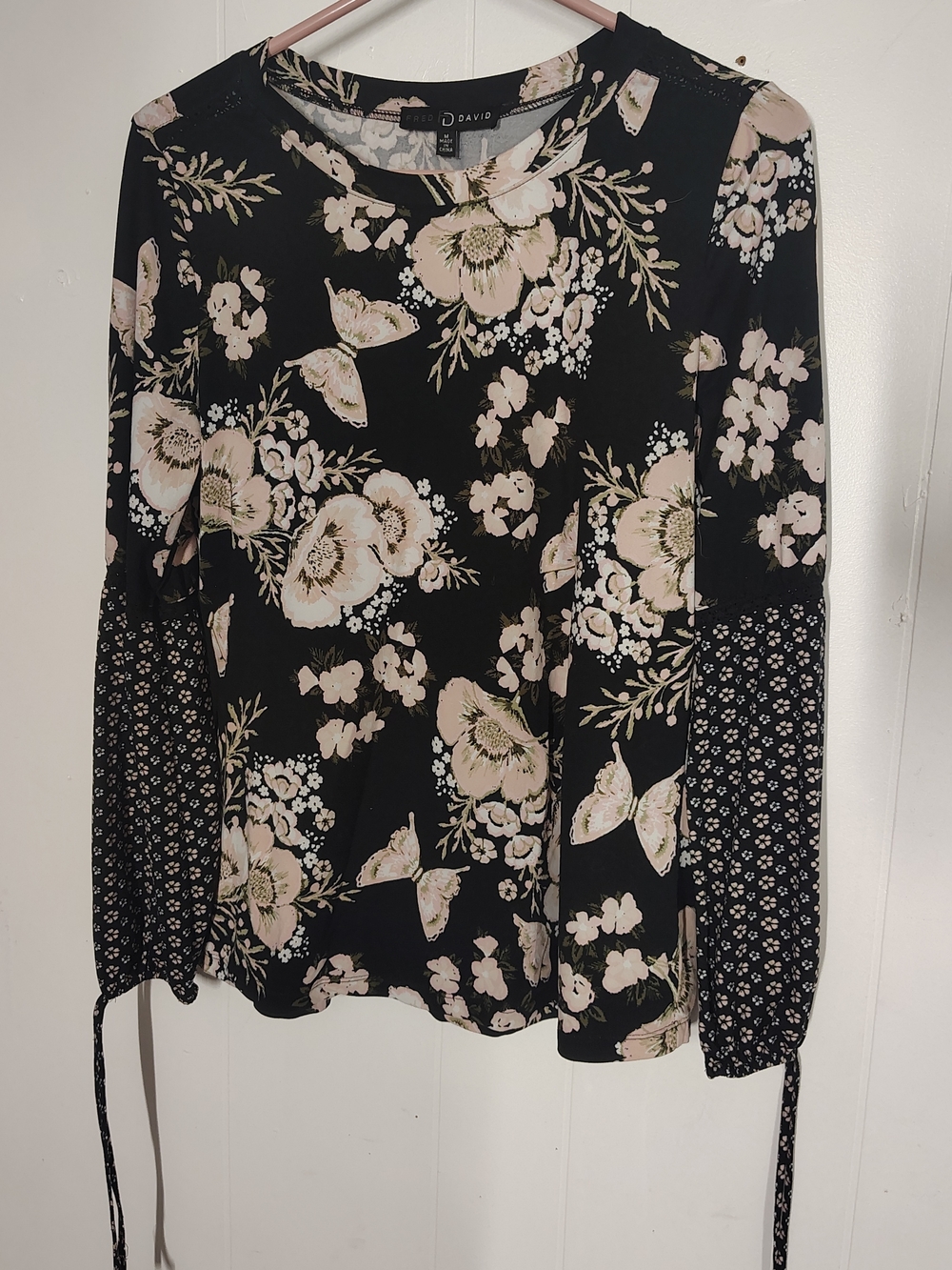 Fred David Black Long-Sleeve Floral and Mixed-Print Top